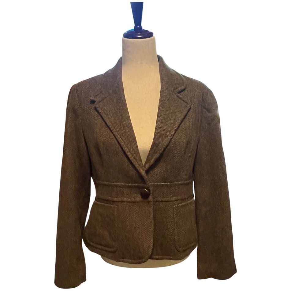 LL Bean Shetland Wool Blazer Women 12 Petite Brown Herringbone Tweed Dog